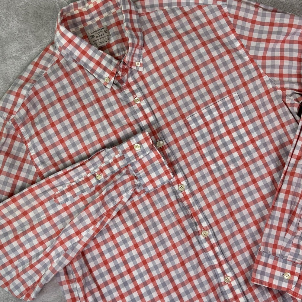 J.Crew Men's Lightweight Button Down Shirt Size L Red Gray Gingham‎ 100% Cotton